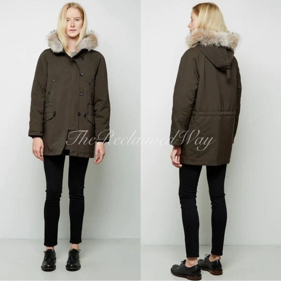 Rag & Bone Waterloo Parka Coat Down Jacket Real Fur Real Leather Olive Green - Picture 2 of 15